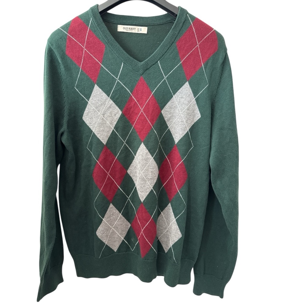 Old Navy Men’s Argyle V-Neck Sweater Green/Red/White Size Small‎ Preowned